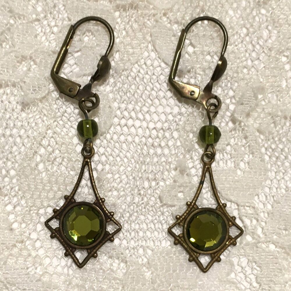 Vintage Green Rhinestone Dangle Earrings Lever Back Victorian Revival